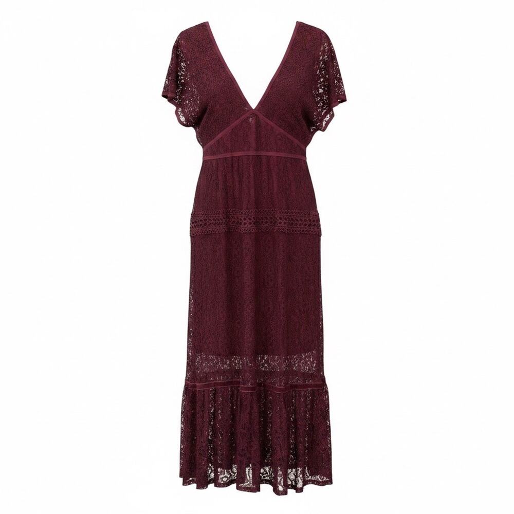 Foxiedox Women's Romantic Date Night Fitted Lace Maroon Midi Dress Deep V Small
